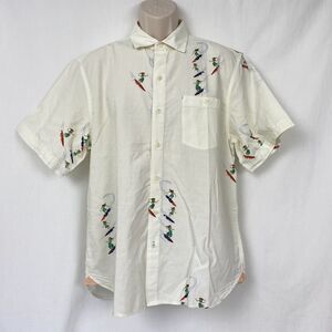Tommy Bahama Hawaiian Shirt Mens Medium Surfing Hula Girls Ivory Stripe Camp